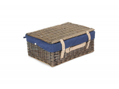 "Basket, 18" ANTIQUE WASH HAMPER with NAVY BLUE LINING"
