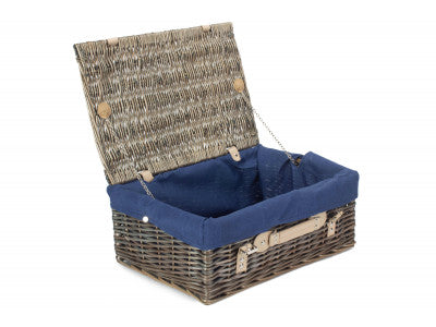 "Basket, 18" ANTIQUE WASH HAMPER with NAVY BLUE LINING"