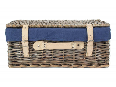 "Basket, 18" ANTIQUE WASH HAMPER with NAVY BLUE LINING"