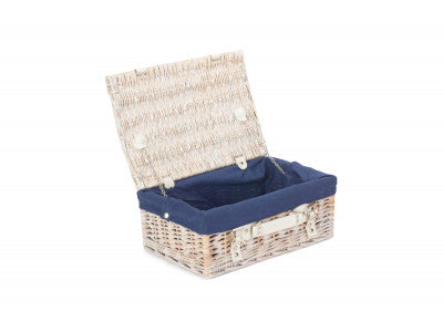 "Basket, 14" WHITE HAMPER with NAVY BLUE LINING"