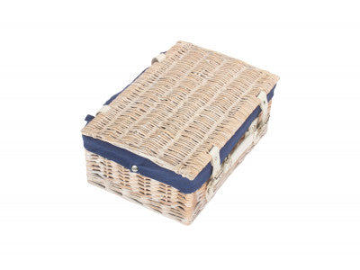 "Basket, 14" WHITE HAMPER with NAVY BLUE LINING"
