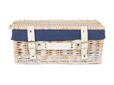 "Basket, 14" WHITE HAMPER with NAVY BLUE LINING"