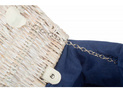 "Basket, 14" WHITE HAMPER with NAVY BLUE LINING"
