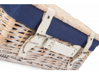 "Basket, 14" WHITE HAMPER with NAVY BLUE LINING"