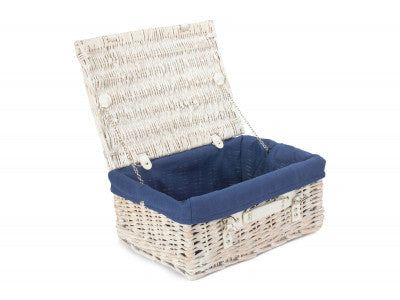 "Basket, 16" WHITE HAMPER with NAVY BLUE LINING"