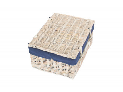 "Basket, 16" WHITE HAMPER with NAVY BLUE LINING"