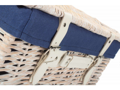 "Basket, 16" WHITE HAMPER with NAVY BLUE LINING"