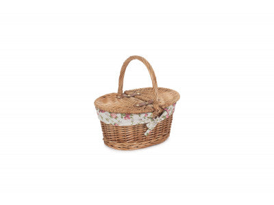 Basket, CHILDS LIGHT STEAMED FINISH OVAL PICNIC BASKET with GARDEN ROSE LINING