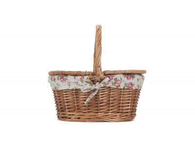 Basket, CHILDS LIGHT STEAMED FINISH OVAL PICNIC BASKET with GARDEN ROSE LINING