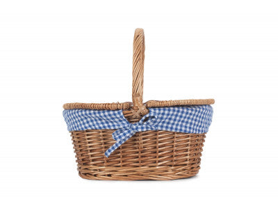 Basket, CHILDS LIGHT STEAMED FINISH OVAL PICNIC BASKET with BLUE & WHITE CHECKED LINING