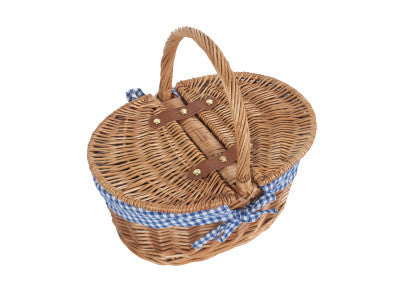 Basket, CHILDS LIGHT STEAMED FINISH OVAL PICNIC BASKET with BLUE & WHITE CHECKED LINING