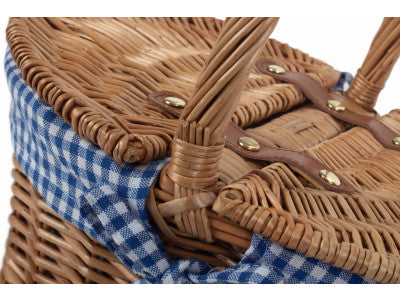 Basket, CHILDS LIGHT STEAMED FINISH OVAL PICNIC BASKET with BLUE & WHITE CHECKED LINING