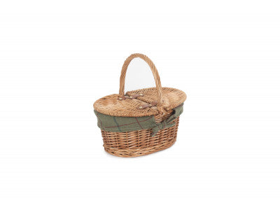 Basket, CHILDS LIGHT STEAMED FINISH OVAL PICNIC BASKET with GREEN TWEED LINING