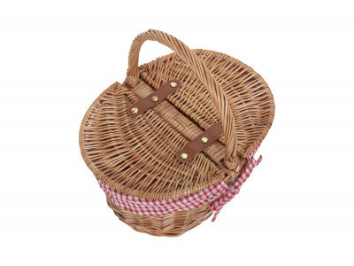 Basket, CHILDS LIGHT STEAMED FINISH OVAL PICNIC BASKET with RED & WHITE CHECKED LINING