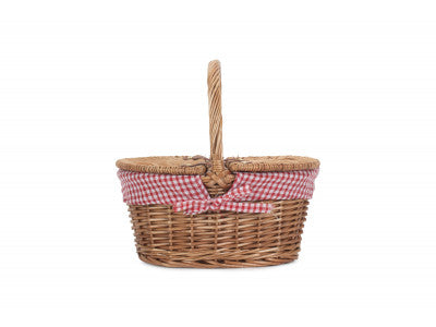 Basket, CHILDS LIGHT STEAMED FINISH OVAL PICNIC BASKET with RED & WHITE CHECKED LINING