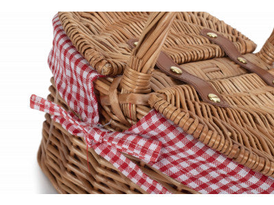 Basket, CHILDS LIGHT STEAMED FINISH OVAL PICNIC BASKET with RED & WHITE CHECKED LINING
