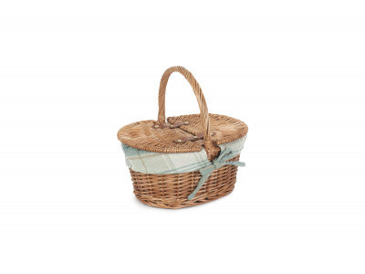 Basket, CHILDS LIGHT STEAMED FINISH OVAL PICNIC BASKET with CREAM TARTAN LINING
