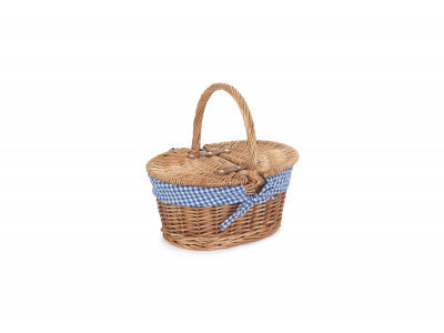 Basket, CHILDS LIGHT STEAMED FINISH OVAL PICNIC BASKET with BLUE & WHITE CHECKED LINING