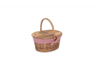 Basket, CHILDS LIGHT STEAMED FINISH OVAL PICNIC BASKET with RED & WHITE CHECKED LINING