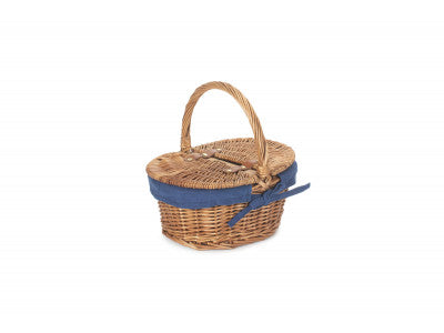 Basket, CHILDS LIGHT STEAMED FINISH OVAL PICNIC BASKET with NAVY BLUE LINING