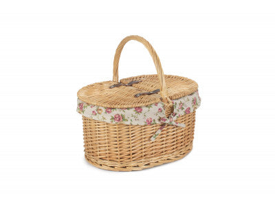 Basket, BUFF OVAL PICNIC BASKET with GARDEN ROSE LINING
