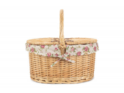 Basket, BUFF OVAL PICNIC BASKET with GARDEN ROSE LINING