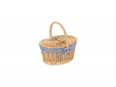 Basket, CHILD'S OVAL LIDDED HAMPER with BLUE & WHITE CHECKED LINING 