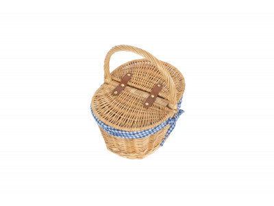 Basket, CHILD'S OVAL LIDDED HAMPER with BLUE & WHITE CHECKED LINING 