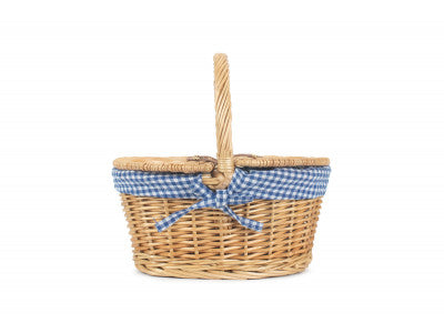 Basket, CHILD'S OVAL LIDDED HAMPER with BLUE & WHITE CHECKED LINING 