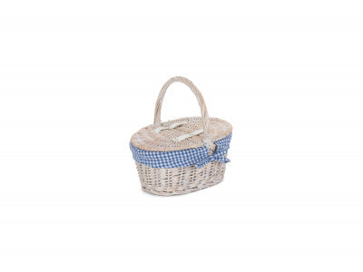 Basket, CHILDS WHITE WASH LIDDED HAMPER with BLUE & WHITE CHECKED LINING