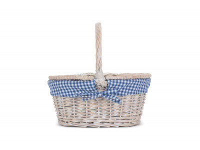 Basket, CHILDS WHITE WASH LIDDED HAMPER with BLUE & WHITE CHECKED LINING