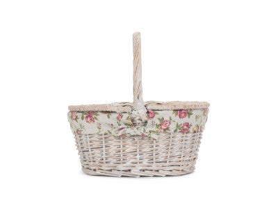 Basket, CHILD'S WHITE WASH LIDDED HAMPER with GARDEN ROSE LINING