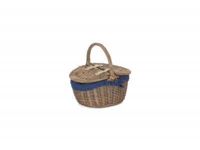 Basket, SMALL ANTIQUE WASH FINISH OVAL PICNIC BASKET with NAVY BLUE LINING