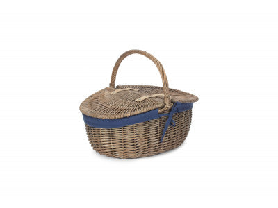 Basket, ANTIQUE WASH FINISH OVAL PICNIC with NAVY BLUE LINING
