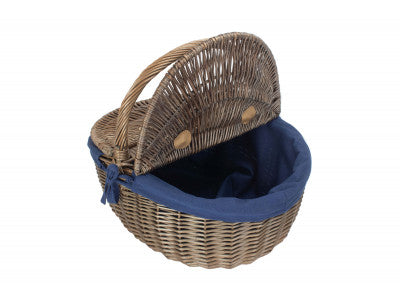 Basket, ANTIQUE WASH FINISH OVAL PICNIC with NAVY BLUE LINING