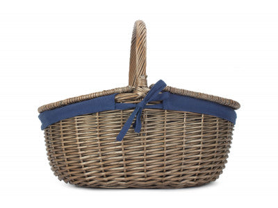 Basket, ANTIQUE WASH FINISH OVAL PICNIC with NAVY BLUE LINING