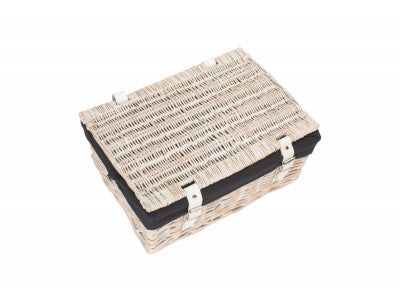Basket, 14 inch EMPTY WICKER HAMPER BASKET - WHITE WASH - BLACK LINING