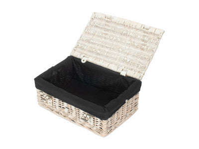 Basket, 14 inch EMPTY WICKER HAMPER BASKET - WHITE WASH - BLACK LINING