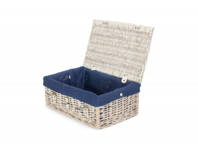 Basket, 14 inch EMPTY WICKER HAMPER BASKET - WHITE WASH - NAVY BLUE LINING
