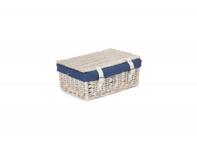 Basket, 14 inch EMPTY WICKER HAMPER BASKET - WHITE WASH - NAVY BLUE LINING