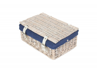 Basket, 14 inch EMPTY WICKER HAMPER BASKET - WHITE WASH - NAVY BLUE LINING