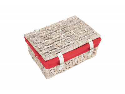Basket, 14 inch EMPTY WICKER HAMPER BASKET - WHITE WASH - RED LINING