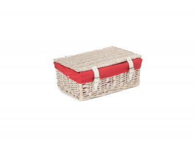 Basket, 14 inch EMPTY WICKER HAMPER BASKET - WHITE WASH - RED LINING