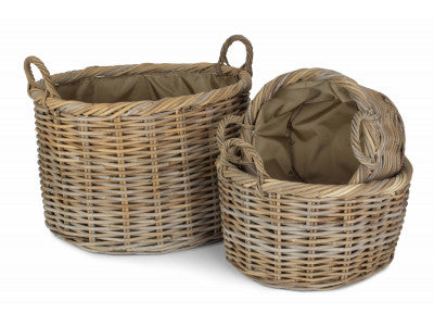 Basket, Set of 3 OVAL RATTAN STORAGE / LOG BASKET with CORDURA LINING 
