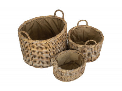 Basket, Set of 3 OVAL RATTAN STORAGE / LOG BASKET with CORDURA LINING 
