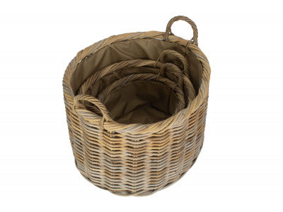 Basket, Set of 3 OVAL RATTAN STORAGE / LOG BASKET with CORDURA LINING 
