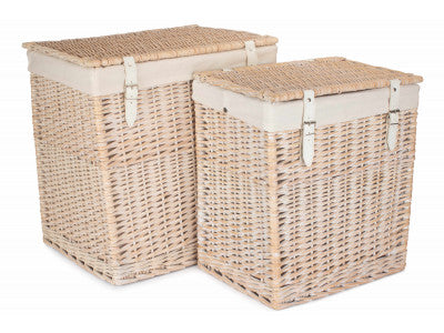 Basket, BOUTIQUE WHITE WASH STORAGE LAUNDRY HAMPER with LINING SET 2 