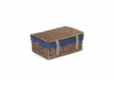 Basket, 14 inch EMPTY WICKER HAMPER BASKET - ANTIQUE WASH - NAVY BLUE LINING