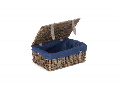 Basket, 14 inch EMPTY WICKER HAMPER BASKET - ANTIQUE WASH - NAVY BLUE LINING