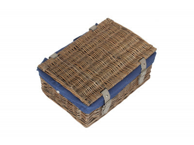 Basket, 14 inch EMPTY WICKER HAMPER BASKET - ANTIQUE WASH - NAVY BLUE LINING